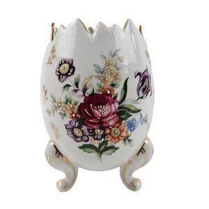 Cracked Egg Vase Vintage Hand Painted Porcelain Floral Design Gold Trim Japan